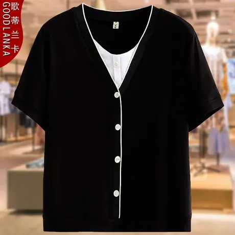 加肥加大码胖妈妈夏季假两件上衣宽松时尚休闲拼色V领短袖纯棉T恤商品大图