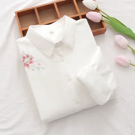 秋冬季小个子加绒加厚白色衬衫女学生小众打底保暖文艺刺绣花上衣商品大图