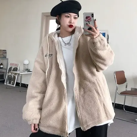 羊羔毛卫衣女2020秋冬加绒加厚宽松韩版上衣bf慵懒风开衫外套ins商品大图