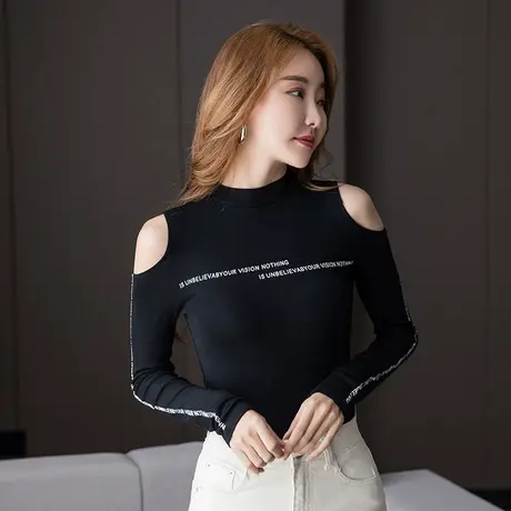 露肩针织打底衫女秋装2022新款性感小心机长袖T恤字母上衣设计感商品大图