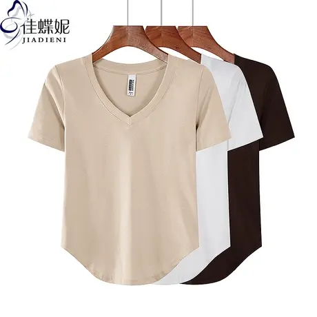 夏季纯棉纯色V领纯白短袖体恤上衣内搭圆弧纯欲风下摆打底衫T恤女商品大图