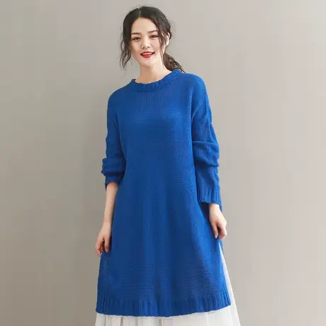 【买一送一】秋新品圆领开叉中长款毛衣大码宽松显瘦文艺毛线裙图片
