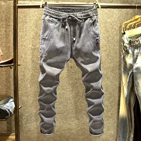 春季新品牛仔裤男潮牌修身小脚裤黑灰色韩版潮流青年弹力休闲长裤商品大图