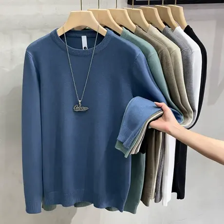 仿羊绒2023秋冬季新款毛衣男圆领套头潮线衣净色针织衫男打底毛衫商品大图