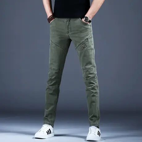 秋冬军绿色工装牛仔裤男款小脚修身潮流裤子男士新款拼接休闲男裤商品大图