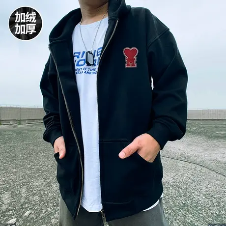 oversize秋冬宽松美式大码男装连帽拉链开衫胖子ins加绒卫衣外套图片