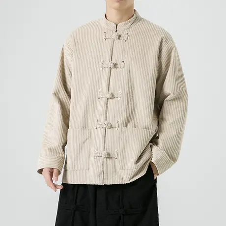 秋冬新款男上衣布扣唐装改良汉服灯芯绒加肥加大码潮工装夹克外套商品大图