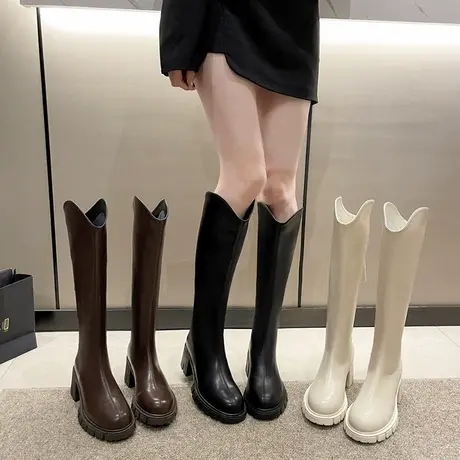 高跟长筒靴女2023新款秋冬女鞋小个子长靴V口粗跟显瘦高筒骑士靴商品大图