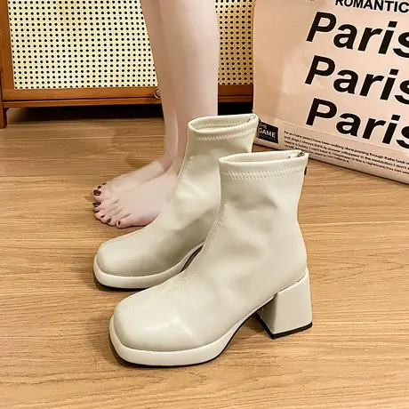 马丁靴女2024年春秋新款单靴瘦瘦靴短靴粗跟高跟切尔西靴小裸靴子图片