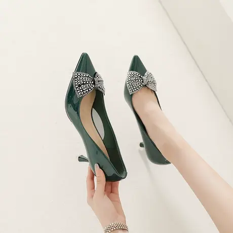 气质蝴蝶结水钻高跟鞋女2024年春季新款法式仙女百搭尖头细跟单鞋商品大图