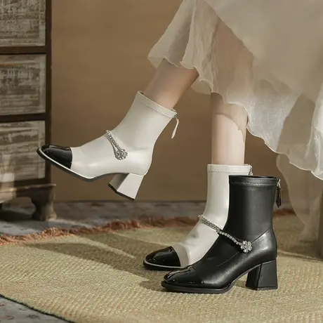 方头粗跟短靴女2024新款秋冬单靴小香风拼色后拉链气质短靴瘦瘦靴图片