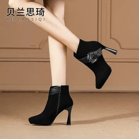 磨砂真皮水钻厚底细跟短靴女2023秋冬季新款防水台高跟时装及踝靴图片