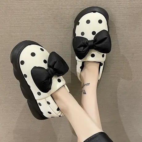 PU皮防水棉拖鞋女款冬季可爱蝴蝶结厚底防滑加绒保暖居家包跟棉鞋商品大图