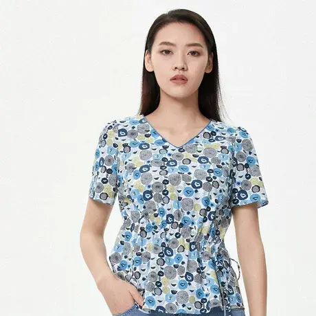 朗姿夏季薄款法式V领印花纯棉女式衬衫T恤夏季新款衬衫奥莱图片