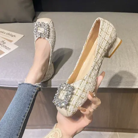 晚晚鞋女浅口2023新款一脚蹬粗跟鞋子配裙子法式白色大码百搭单鞋商品大图