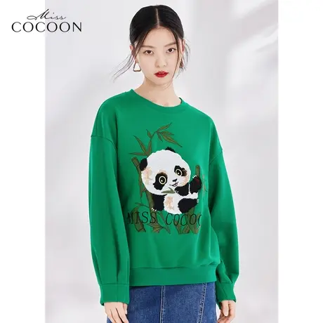 竹意熊趣misscocoon绿色熊猫卫衣女2023新款春季宽松减龄圆领上衣商品大图