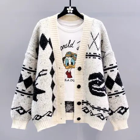 复古慵懒风撞色提花毛衣外套女冬季2023新款宽松加厚休闲针织开衫商品大图