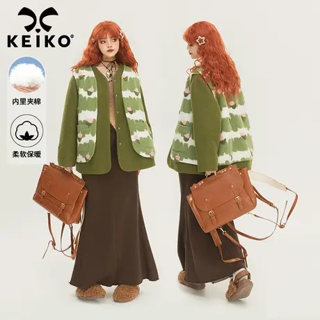 KEIKO 氛围感提花假两件毛呢外套女2024秋季棕绿色短款呢子大衣商品大图