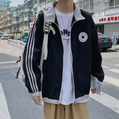 秋季新款立领三条杠卫衣外套男美式复古条纹运动情侣休闲夹克上衣商品大图