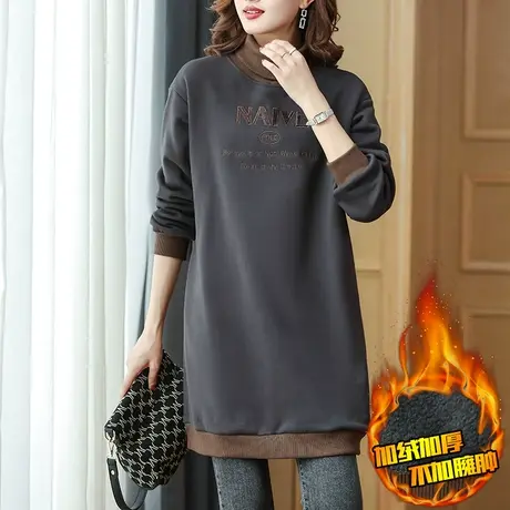 中年妈妈秋冬加绒加厚上衣女宽松加大码女装半高领遮肚卫衣打底衫商品大图