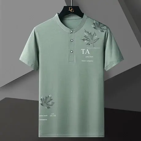夏季立领短袖Polo衫男士纯棉潮流修身印花休闲打底衫男装半袖t恤商品大图