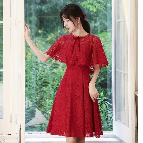 敬酒服酒红色平时可穿小个子结婚订婚新娘回门便装蕾丝连衣裙夏季图片