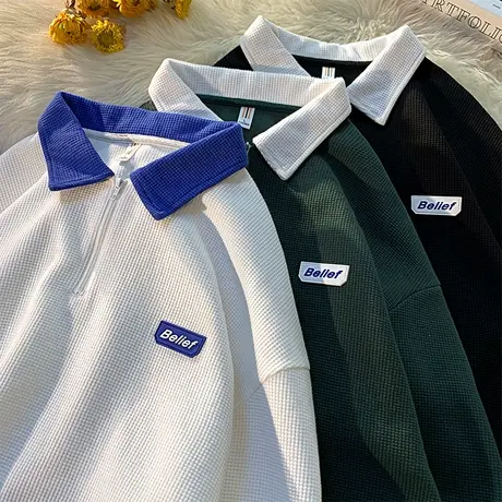 翻领长袖卫衣男秋季潮牌ins拼接高街外套ins嘻哈美式港风套头上衣商品大图