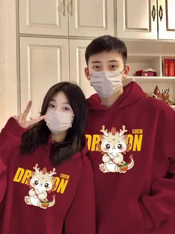 情侣大码连帽卫衣女oversize冬季本命年龙年外套ins国潮加绒上衣商品大图