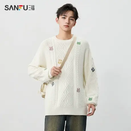 三福2024春季男士小印花毛衣 趣味休闲落肩圆领上衣男482431图片