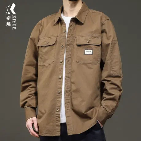 希越春季纯棉长袖衬衫男2024新款潮牌工装夹克宽松大码男生衬衣服商品大图