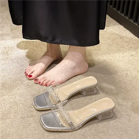 透明水钻拖鞋女外穿2024夏季新款仙女风时尚水晶中粗跟配裙子凉拖商品大图