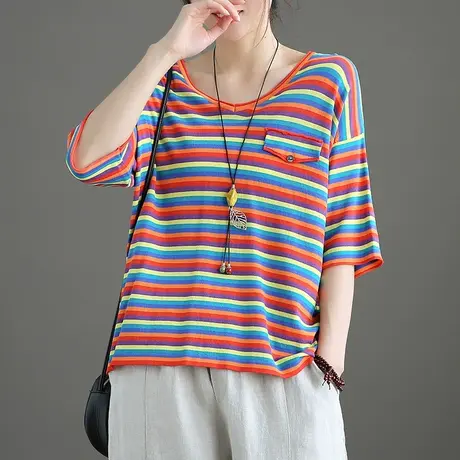 dza 文艺复古条纹短袖t恤女士短款上衣宽松新款夏季百搭休闲体恤图片