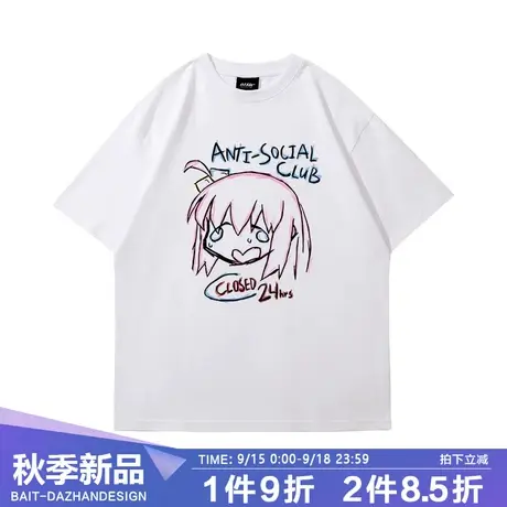 日漫风涂鸦女孩短袖t恤衫中性风二次元动漫印花白色oversize落肩T商品大图