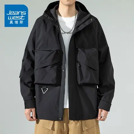 KZ真维斯秋冬季冲锋衣夹克外套男士上衣服宽松连帽开衫工装多口袋商品大图