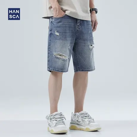 hansca破洞牛仔短裤男夏季美式复古水洗做旧直筒宽松休闲五分裤子商品大图