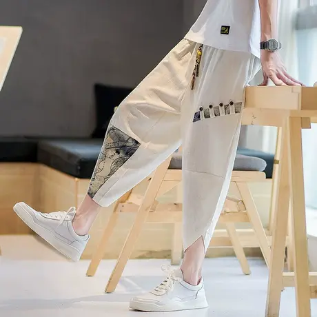 亚麻短裤男潮七分裤宽松大码中国风锥形阔腿休闲裤哈伦裤潮流薄款商品大图