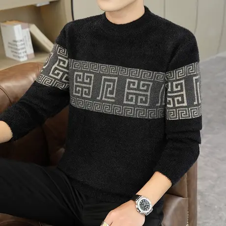 2023仿貂绒男士半高领毛衣潮流加厚针织衫修身套头打底衫个性线衣图片