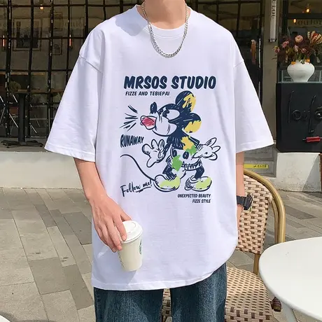 纯棉夏季短袖t恤男2024新款宽松涂鸦米奇印花体恤潮牌半袖上衣服图片