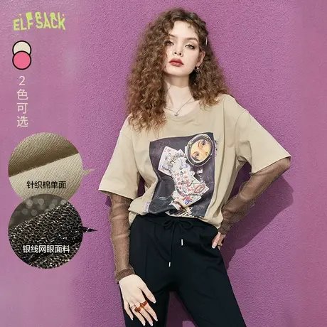 妖精的口袋印花假两件长袖t恤女2024早春新款拼接宽松设计感上衣商品大图