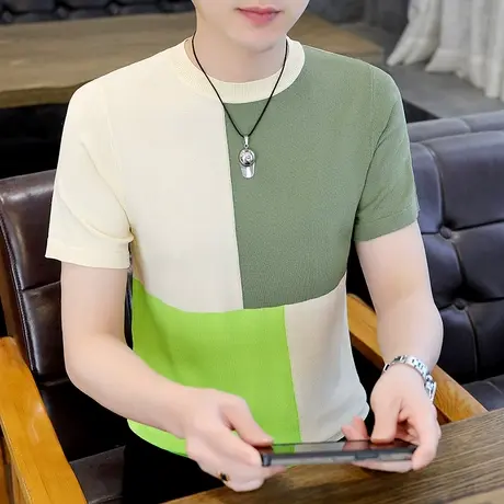 撞色拼接冰丝针织短袖t恤男夏季ins潮流小清新情侣女夏装半袖上衣商品大图