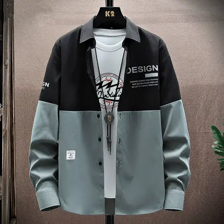 拼色衬衫男士长袖春秋季2023新款潮牌休闲寸衣服男生帅气衬衣外套商品大图