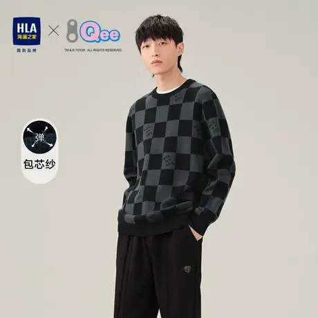 HLA/海澜之家Qee联名长袖针织衫秋冬季包芯纱圆领格子保暖毛衣男图片