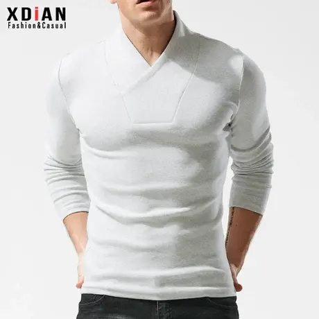 中式长袖t恤男立领V领纯棉修身半高领小打底衫秋冬季加厚保暖上衣商品大图