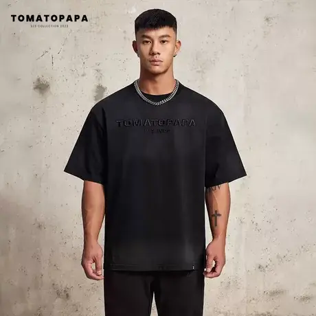 TOMATOPAPA原创高街风洗水做旧短袖T恤男潮牌宽松百搭短袖休闲T恤图片