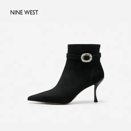 Nine West/玖熙羊反绒尖头晶钻时装靴2023冬新款复古优雅细跟短靴商品大图