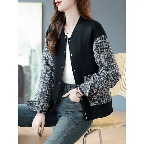 宝诗黎圆领亮丝拼接长袖棒球服外套女春秋季2023新款棉质宽松上衣商品大图