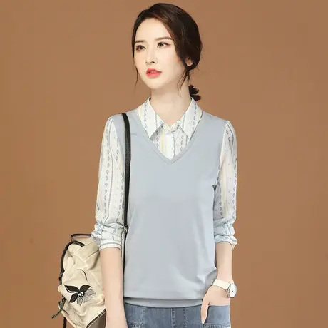 韩潮袭人假两件POLO领印花长袖衬衣女2023秋季衬衫上衣设计感小众商品大图