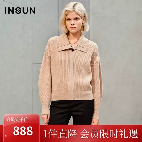 恩裳2023年秋装新款经典翻领门襟设计宽松直身坑条肌理羊毛针织衫商品大图