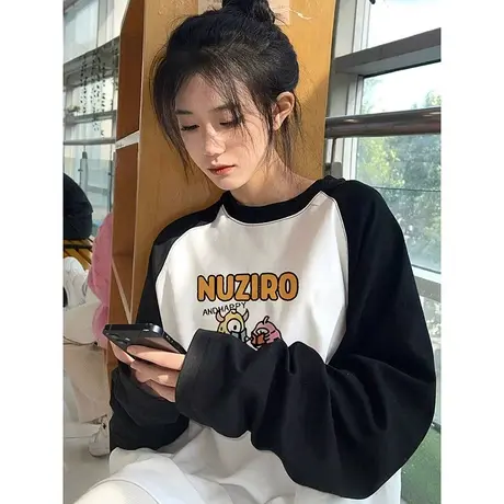 黑白插肩宽松oversizet恤女秋冬爆款2023新款内搭打底长袖上衣女商品大图