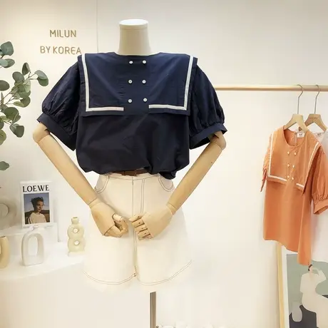 法式复古甜美衬衫夏季韩国东大门海军娃娃领泡泡袖衬衣短袖学生女商品大图